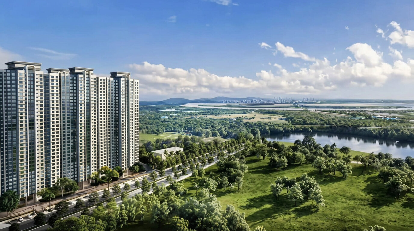 Aerial view of Growth City Naigaon East towers with river and open green surroundings