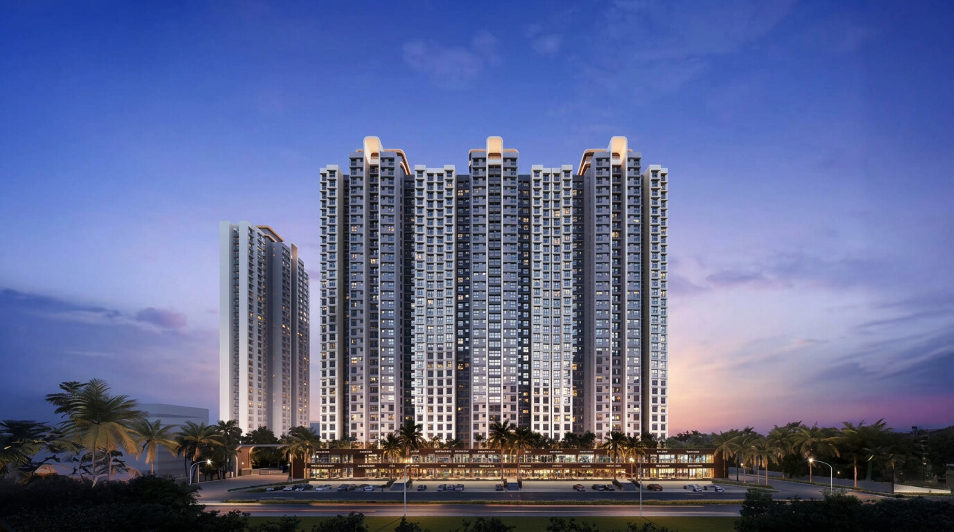 Growth City Naigaon East project elevation at dusk