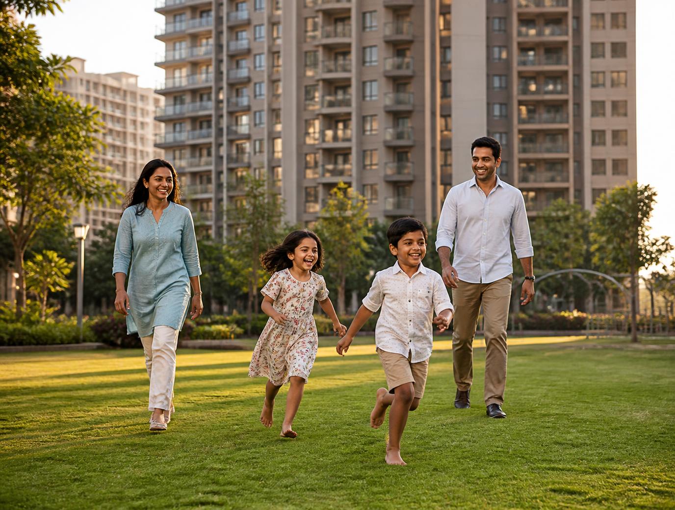 Family with children enjoying the landscaped community lawns at Growth City Naigaon East