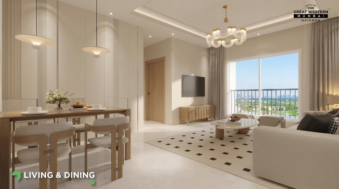 Living and dining area in a 2 BHK home at Growth City
